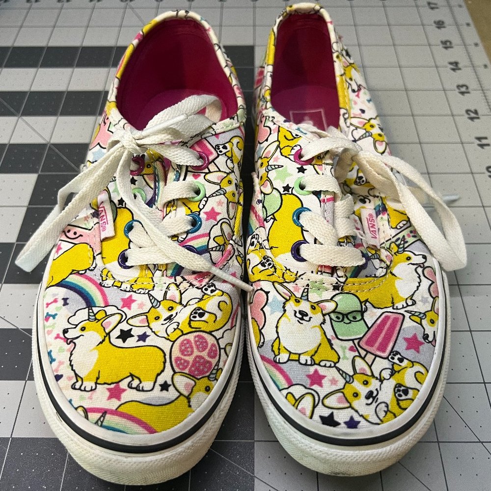 Vans Authentic Youth Girls Size 4 Shoes White/Multi colorful CORGI Low Sneaker